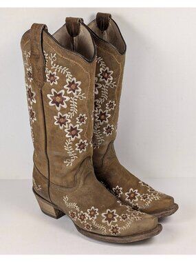 Circle G Brown Cowhide Floral Design Cowgirl Boots Women's Size 7 M Leather Tan